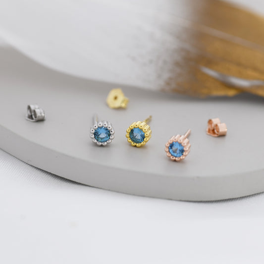 Sterling Silver Aquamarine Blue Stud Earrings,  4mm March Birthstone CZ Earrings, Silver, Dotted Bezel, Gold or Rose Gold