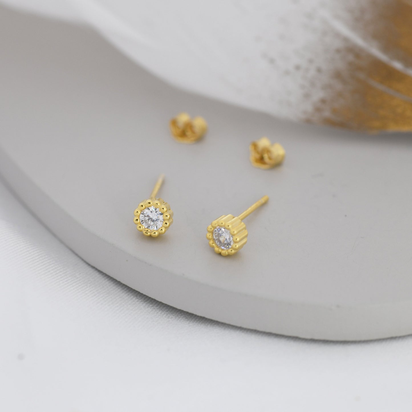 Sterling Silver Diamond CZ Stud Earrings,  4mm April Birthstone CZ Earrings, Silver, Dotted Bezel, Gold or Rose Gold