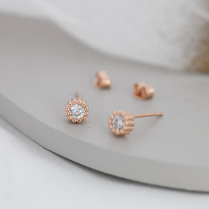 Sterling Silver Diamond CZ Stud Earrings,  4mm April Birthstone CZ Earrings, Silver, Dotted Bezel, Gold or Rose Gold