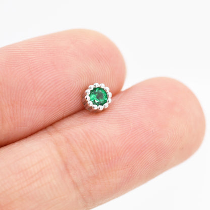 Sterling Silver Emerald Green CZ Stud Earrings,  4mm May Birthstone CZ Earrings, Silver, Dotted Bezel, Gold or Rose Gold