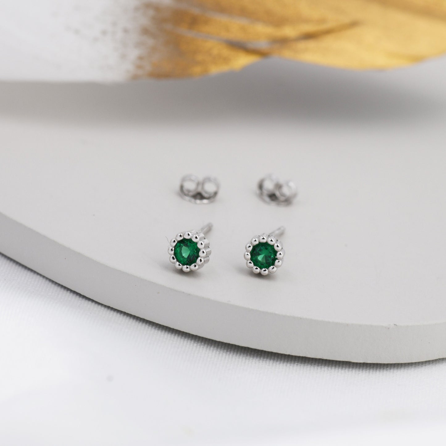 Sterling Silver Emerald Green CZ Stud Earrings,  4mm May Birthstone CZ Earrings, Silver, Dotted Bezel, Gold or Rose Gold