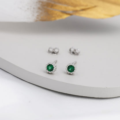 Sterling Silver Emerald Green CZ Stud Earrings,  4mm May Birthstone CZ Earrings, Silver, Dotted Bezel, Gold or Rose Gold