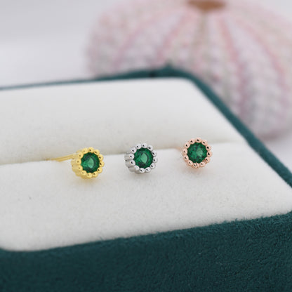 Sterling Silver Emerald Green CZ Stud Earrings,  4mm May Birthstone CZ Earrings, Silver, Dotted Bezel, Gold or Rose Gold