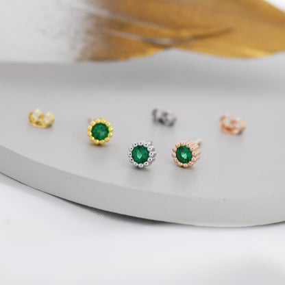 Sterling Silver Emerald Green CZ Stud Earrings,  4mm May Birthstone CZ Earrings, Silver, Dotted Bezel, Gold or Rose Gold