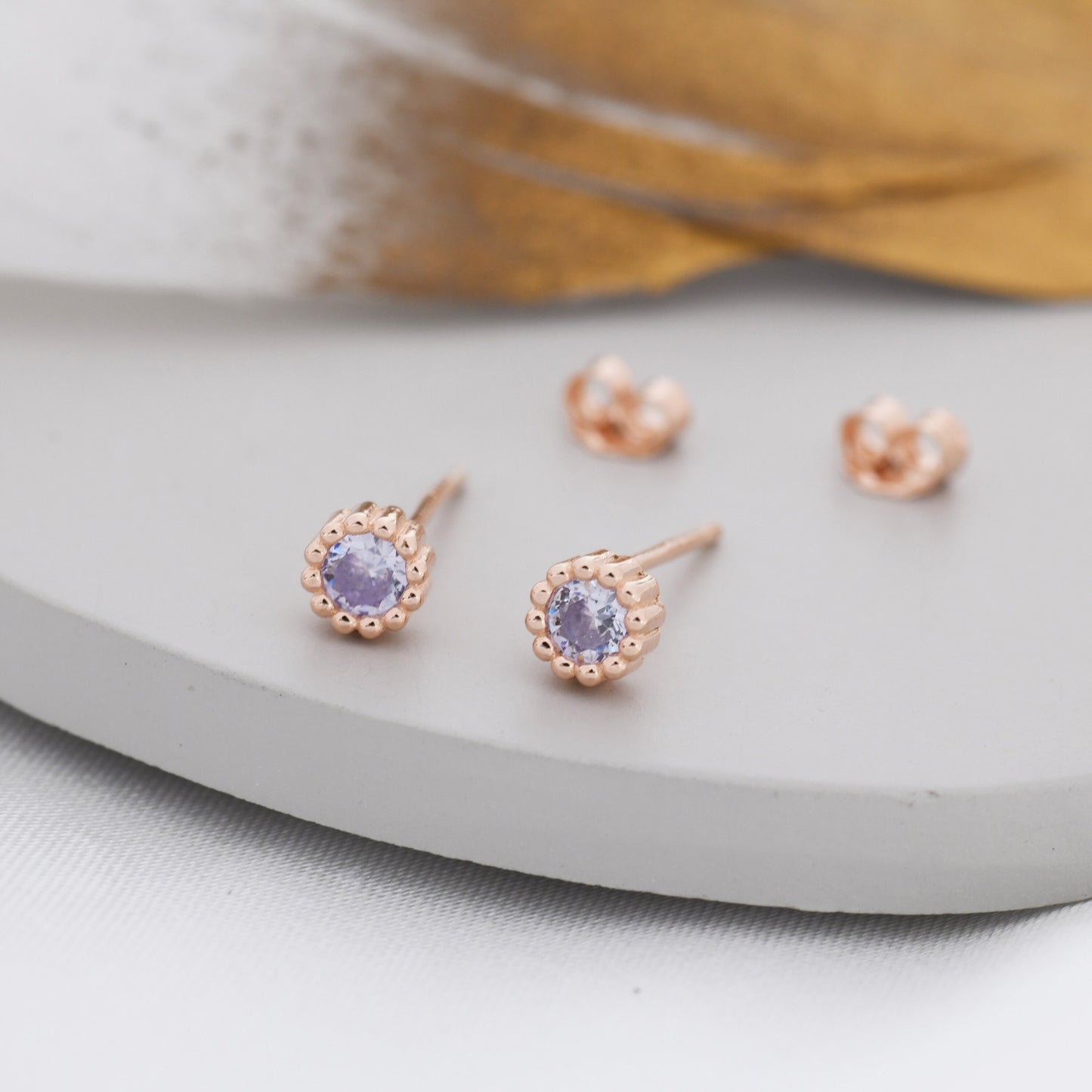 Sterling Silver Alexandrite CZ Stud Earrings,  4mm June Birthstone CZ Earrings, Silver, Dotted Bezel, Gold or Rose Gold