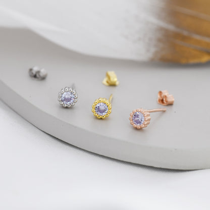 Sterling Silver Alexandrite CZ Stud Earrings,  4mm June Birthstone CZ Earrings, Silver, Dotted Bezel, Gold or Rose Gold