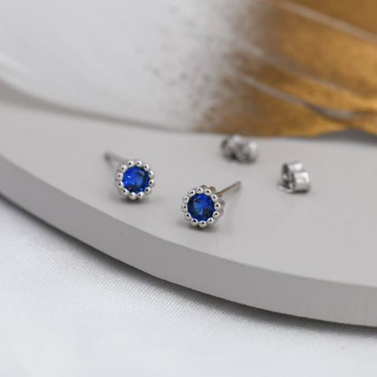 Sterling Silver Sapphire Blue CZ Stud Earrings,  4mm September  Birthstone CZ Earrings, Silver, Dotted Bezel, Gold or Rose Gold