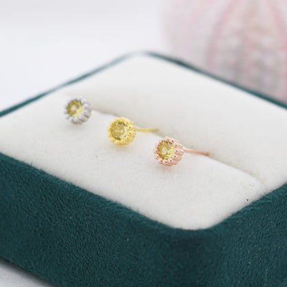 Sterling Silver Citrine Yellow CZ Stud Earrings,  4mm November Birthstone CZ Earrings, Silver, Dotted Bezel, Gold or Rose Gold