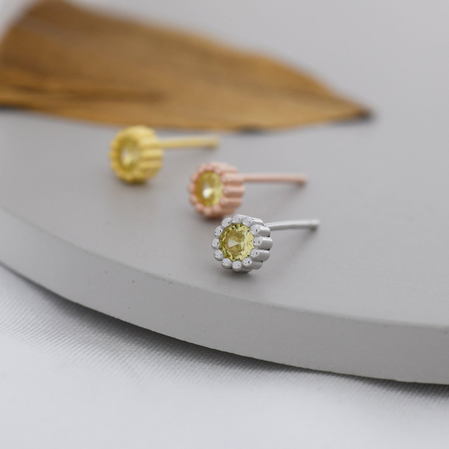 Sterling Silver Citrine Yellow CZ Stud Earrings,  4mm November Birthstone CZ Earrings, Silver, Dotted Bezel, Gold or Rose Gold