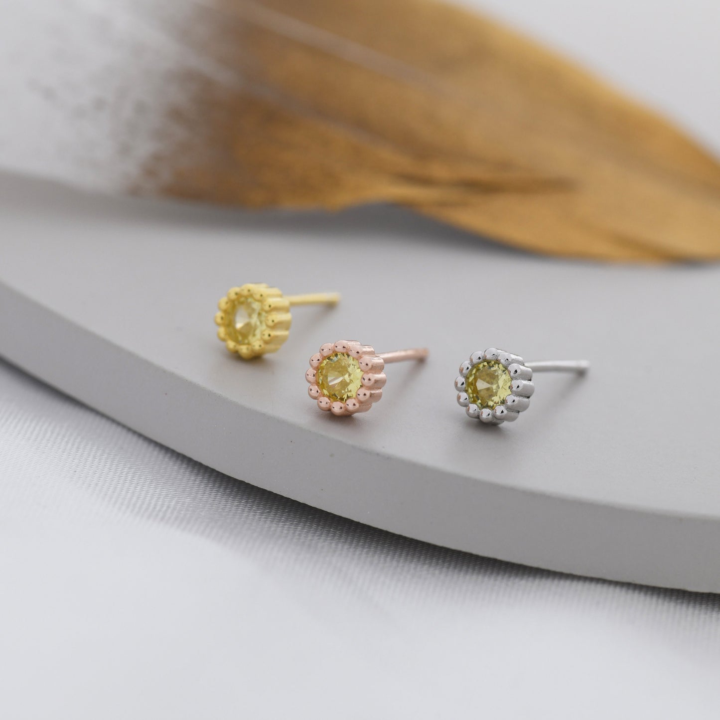 Sterling Silver Citrine Yellow CZ Stud Earrings,  4mm November Birthstone CZ Earrings, Silver, Dotted Bezel, Gold or Rose Gold