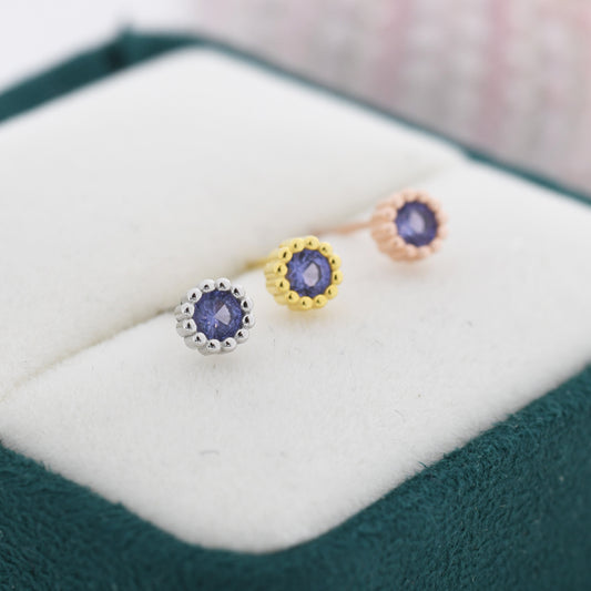 Sterling Silver Tanzanite Blue CZ Stud Earrings,  4mm December Birthstone CZ Earrings, Silver, Dotted Bezel, Gold or Rose Gold