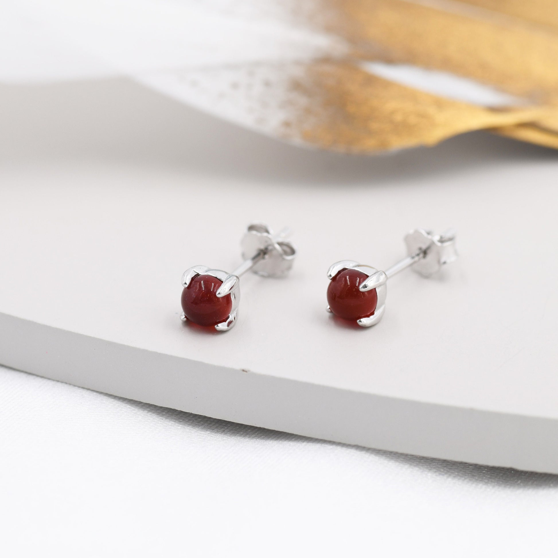 Natural Red Carnelian Stud Earrings in Sterling Silver, Semi-Precious Red Onxy Gemstone Earrings, 4mm, 4 prong Genuine Red Onyx Earrings