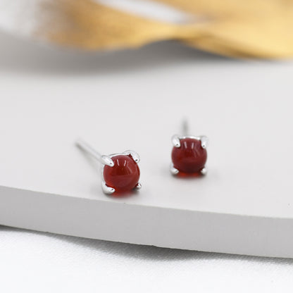 Natural Red Carnelian Stud Earrings in Sterling Silver, Semi-Precious Red Onxy Gemstone Earrings, 4mm, 4 prong Genuine Red Onyx Earrings