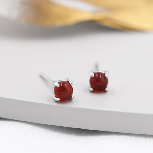 Natural Red Carnelian Stud Earrings in Sterling Silver, Semi-Precious Red Onxy Gemstone Earrings, 4mm, 4 prong Genuine Red Onyx Earrings
