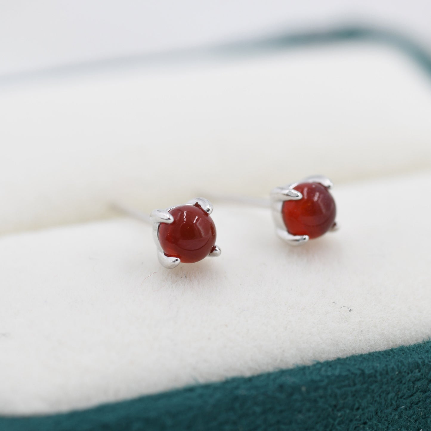 Natural Red Carnelian Stud Earrings in Sterling Silver, Semi-Precious Red Onxy Gemstone Earrings, 4mm, 4 prong Genuine Red Onyx Earrings