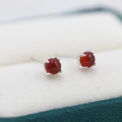 Natural Red Carnelian Stud Earrings in Sterling Silver, Semi-Precious Red Onxy Gemstone Earrings, 4mm, 4 prong Genuine Red Onyx Earrings