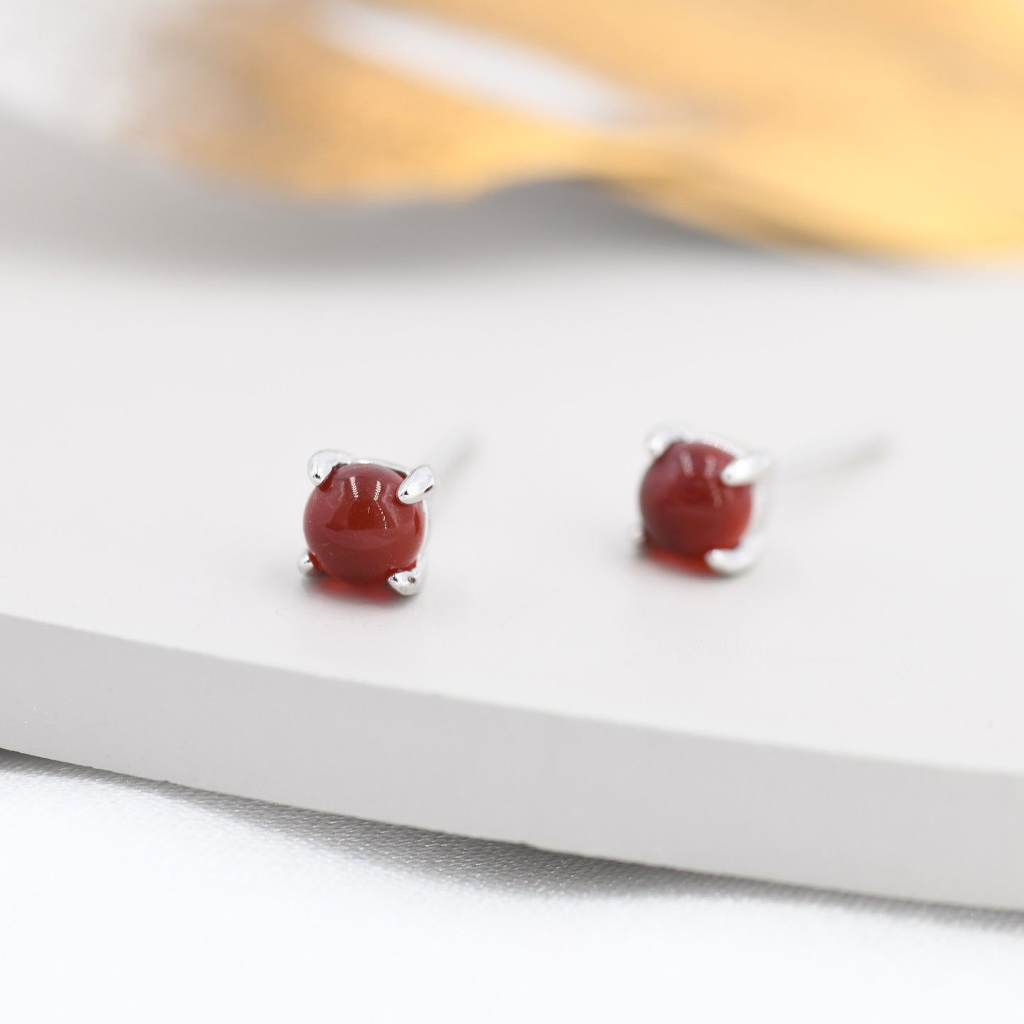 Natural Red Carnelian Stud Earrings in Sterling Silver, Semi-Precious Red Onxy Gemstone Earrings, 4mm, 4 prong Genuine Red Onyx Earrings