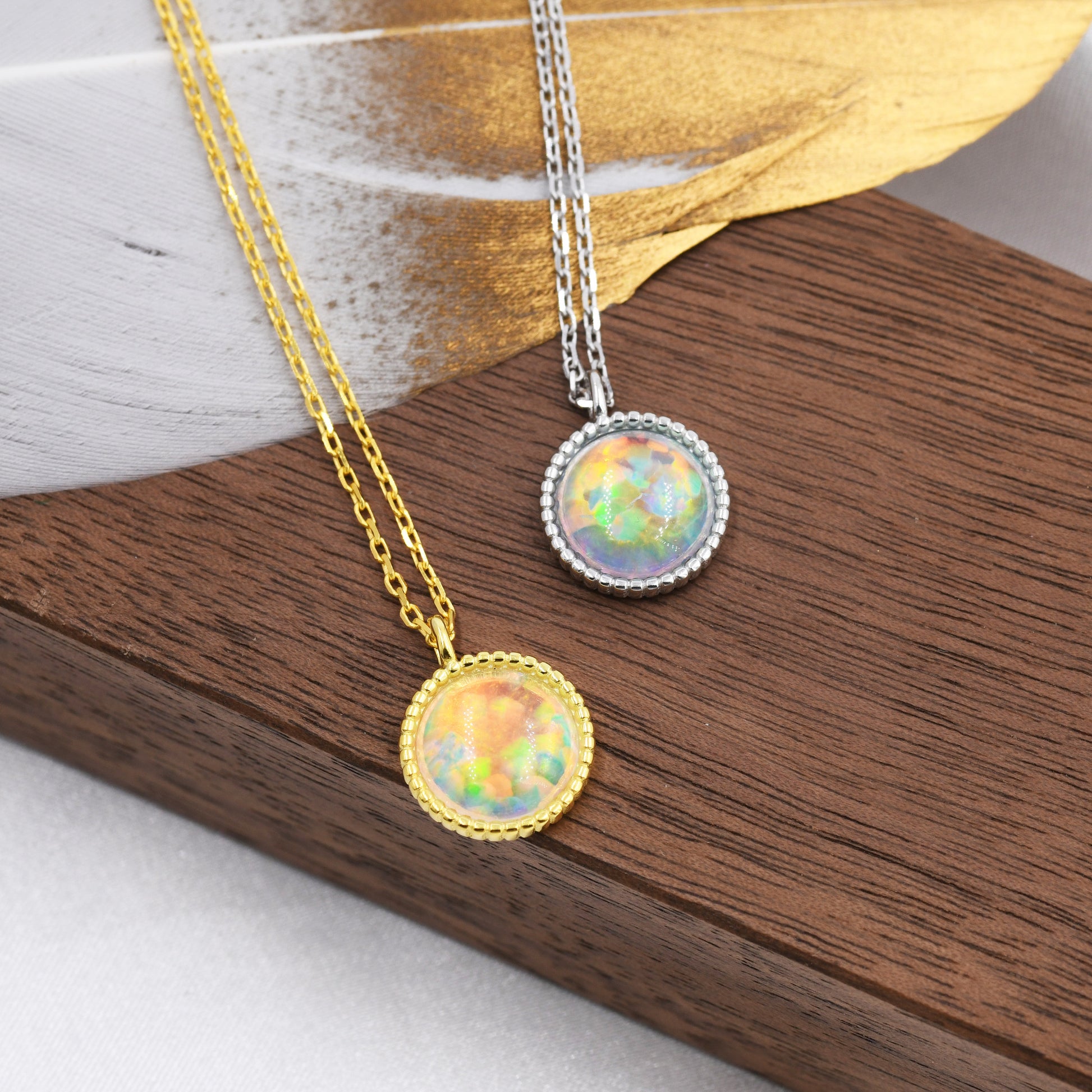 Aurora Opal Pendant Necklace in Sterling Silver, Silver or Gold, Dotted Bezel, Simulated Opal Necklace, October Birthstone