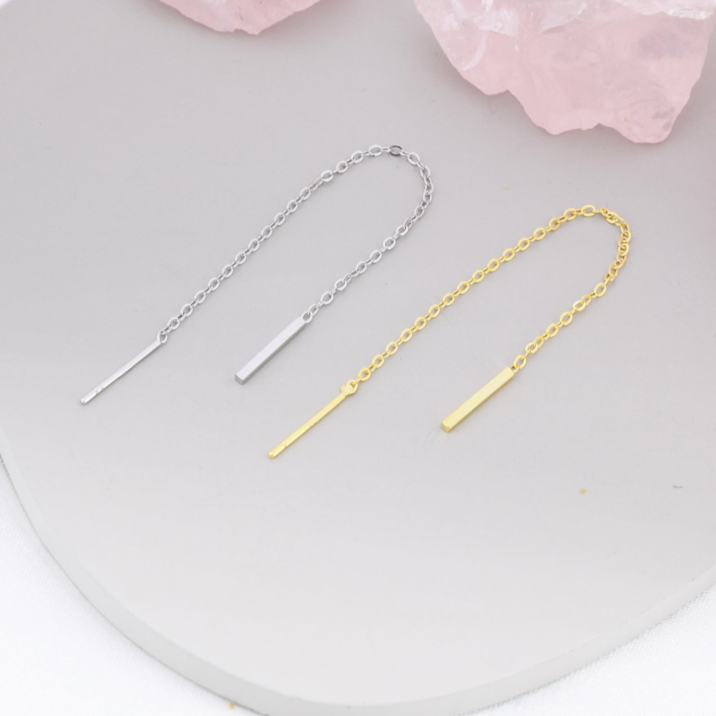 Sterling Silver Vertical Bar Ear Threader, Silver or Gold, Minimal Long Threader earrings, Minimalist, Threaders