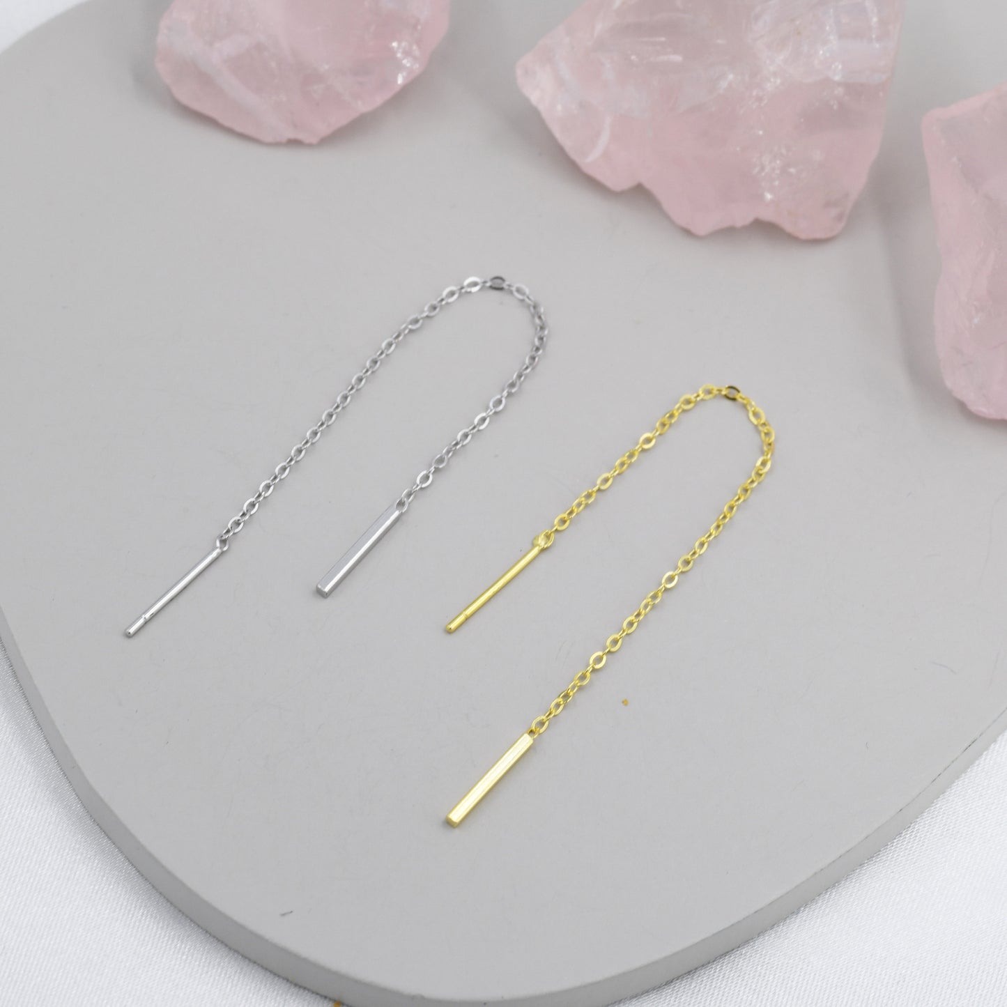 Sterling Silver Vertical Bar Ear Threader, Silver or Gold, Minimal Long Threader earrings, Minimalist, Threaders