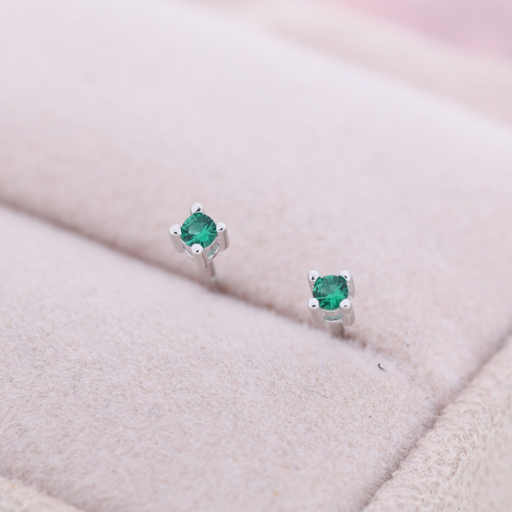 Extra Tiny Sterling Silver Emerald Green CZ Stud Earrings, 2mm May Birthstone CZ Earrings, Silver or Gold, Stacking Earrings