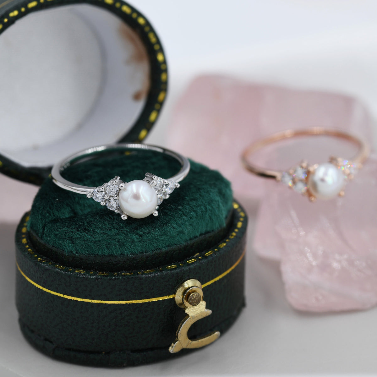 Genuine Freshwater Pearl and CZ Ring in Sterling Silver, Silver, Gold or Rose Gold, Natural Pearl Ring, US 5 - 8