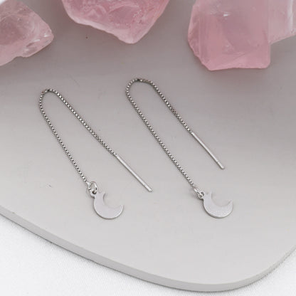 Sterling Silver Moon Ear Threaders, Silver, Delicate Moon Earrings, Minimalist Threader Earrings