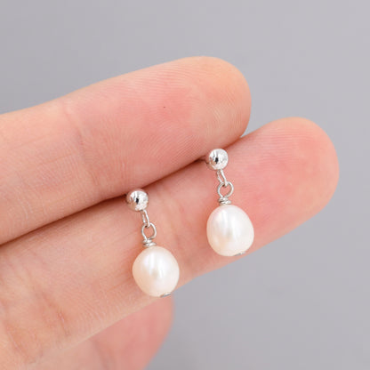 Sterling Silver Pearl Dangle Earrings, Genuine Fresh Water Pearl Drop Earrings, Silver or Gold, Delicate Dangle Pearl Earrings