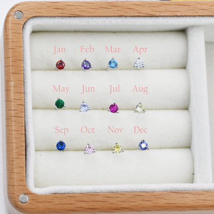 Sterling Silver Tiny Birthstone Stud Earrings,  3mm Birthstone CZ Earrings, Three Prong,  Stacking Earrings