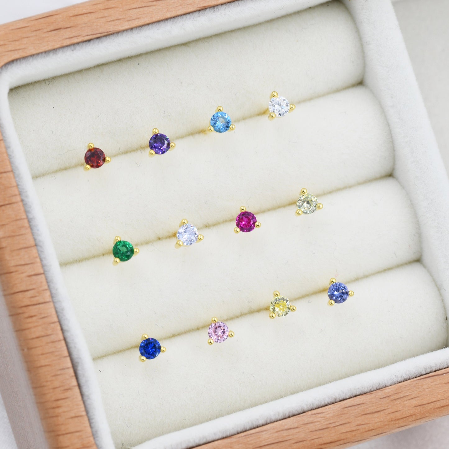 Sterling Silver Tiny Birthstone Stud Earrings,  3mm Birthstone CZ Earrings, Three Prong,  Stacking Earrings