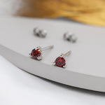 Sterling Silver Garnet Red Stud Earrings, 3mm January Birthstone CZ Earrings, Three Prong, Silver, Gold or Rose Gold, Stacking Earrings
