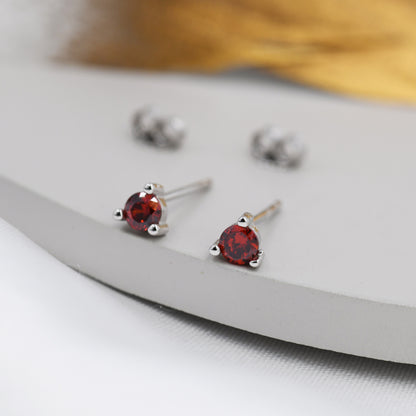 Sterling Silver Garnet Red Stud Earrings, 3mm January Birthstone CZ Earrings, Three Prong, Silver, Gold or Rose Gold, Stacking Earrings