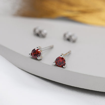 Sterling Silver Garnet Red Stud Earrings,  3mm January Birthstone CZ Earrings, Three Prong, Silver, Gold or Rose Gold, Stacking Earrings