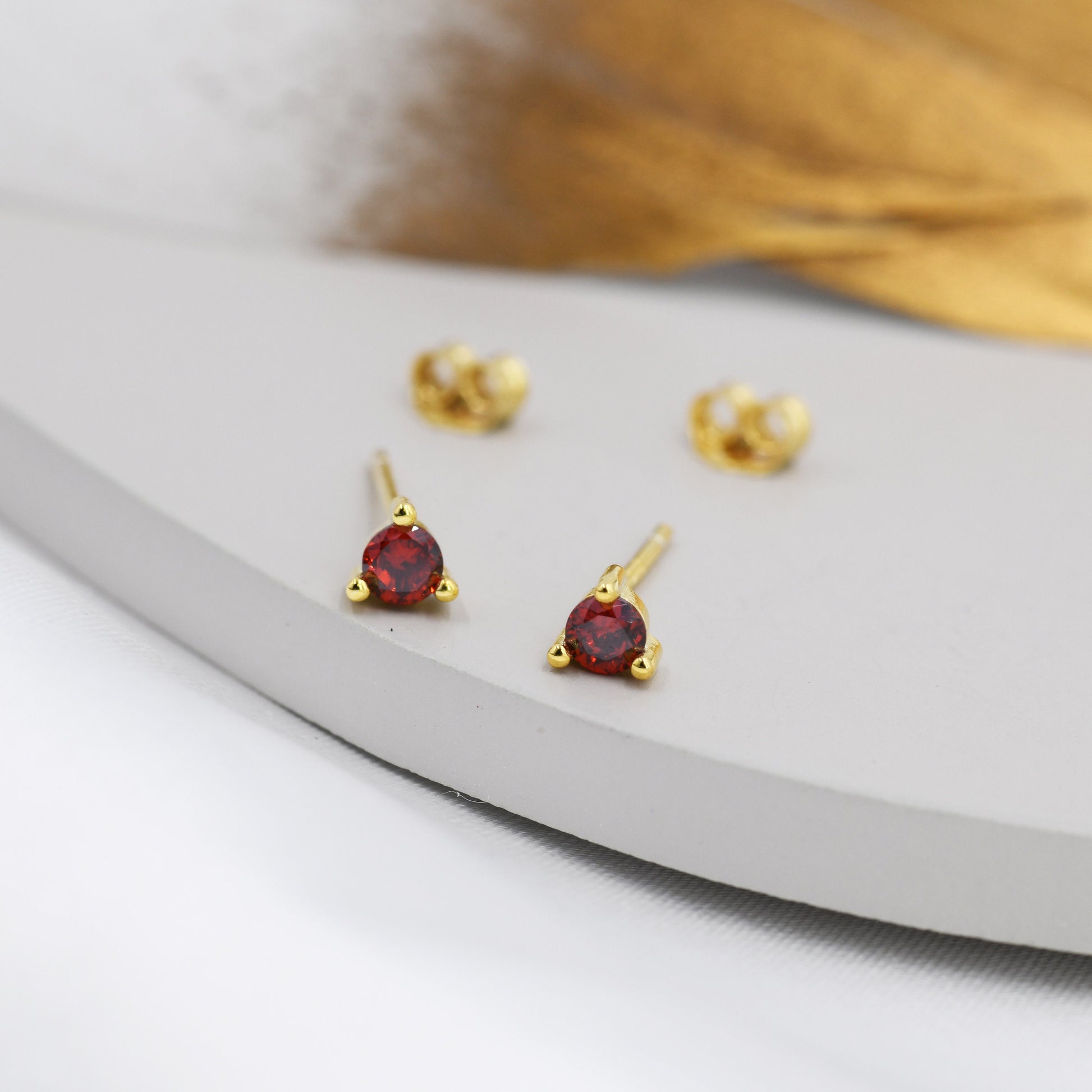 Sterling Silver Garnet Red Stud Earrings, 3mm January Birthstone CZ Earrings, Three Prong, Silver, Gold or Rose Gold, Stacking Earrings