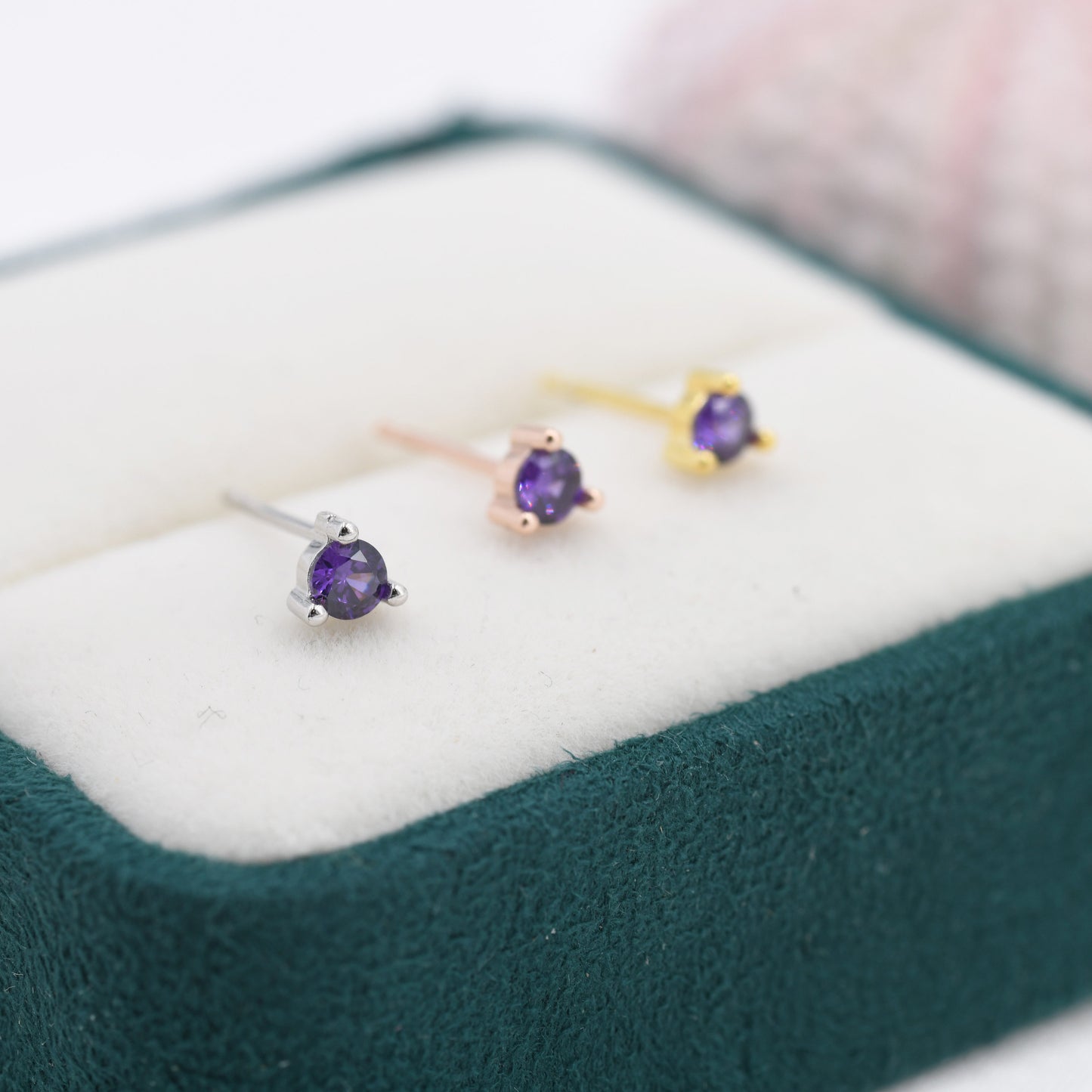 Sterling Silver Amethyst Purple Stud Earrings,  3mm February Birthstone CZ Earrings, Three Prong, Silver, Gold or Rose Gold