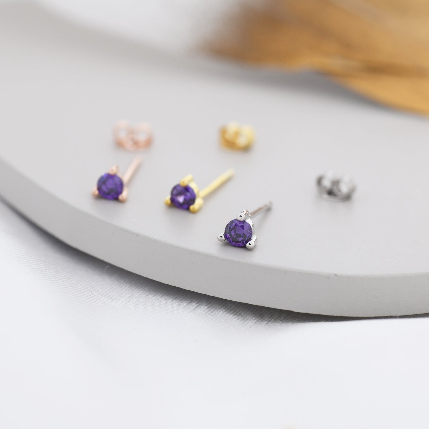 Sterling Silver Amethyst Purple Stud Earrings,  3mm February Birthstone CZ Earrings, Three Prong, Silver, Gold or Rose Gold