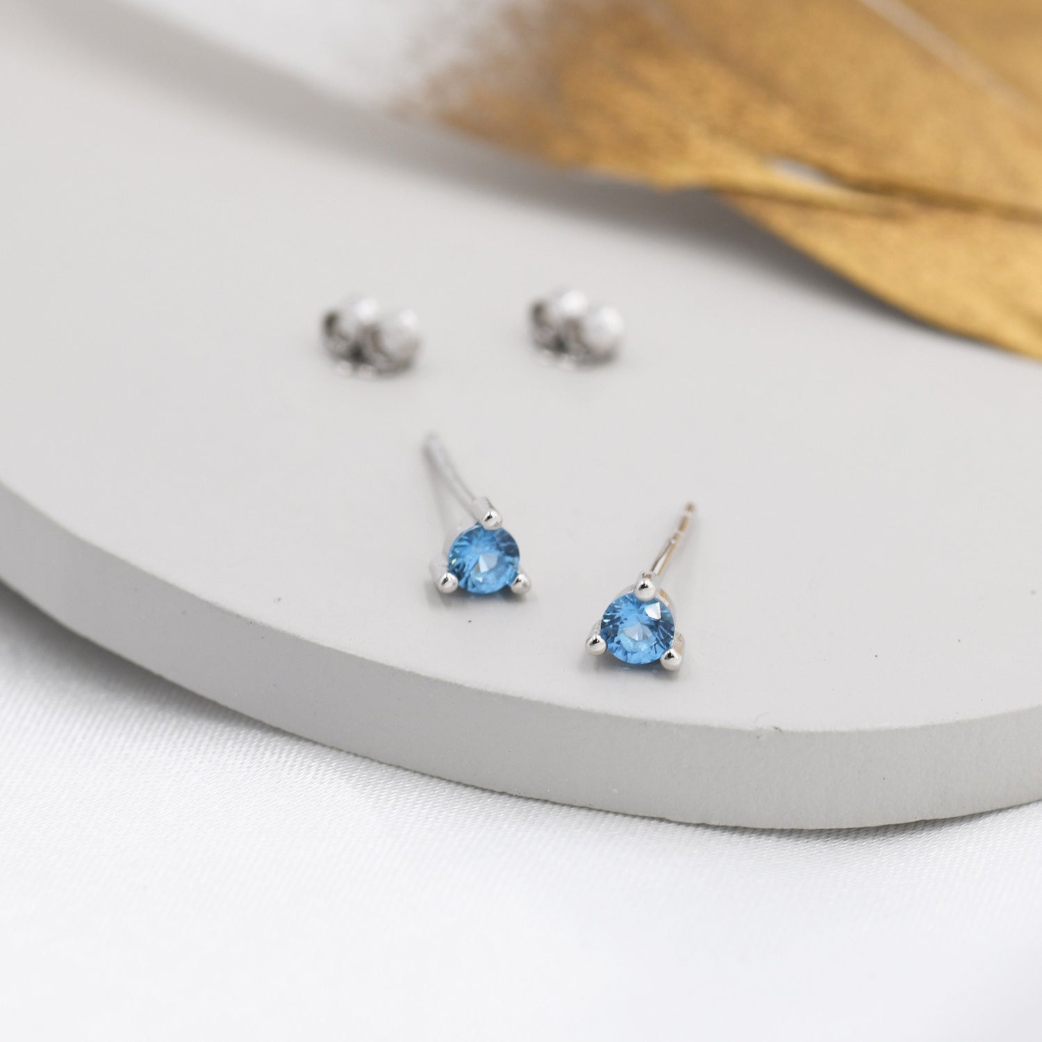 Sterling Silver Aquamarine Blue Stud Earrings,  3mm March Birthstone CZ Earrings, Three Prong, Silver, Gold or Rose Gold, Stacking Earrings