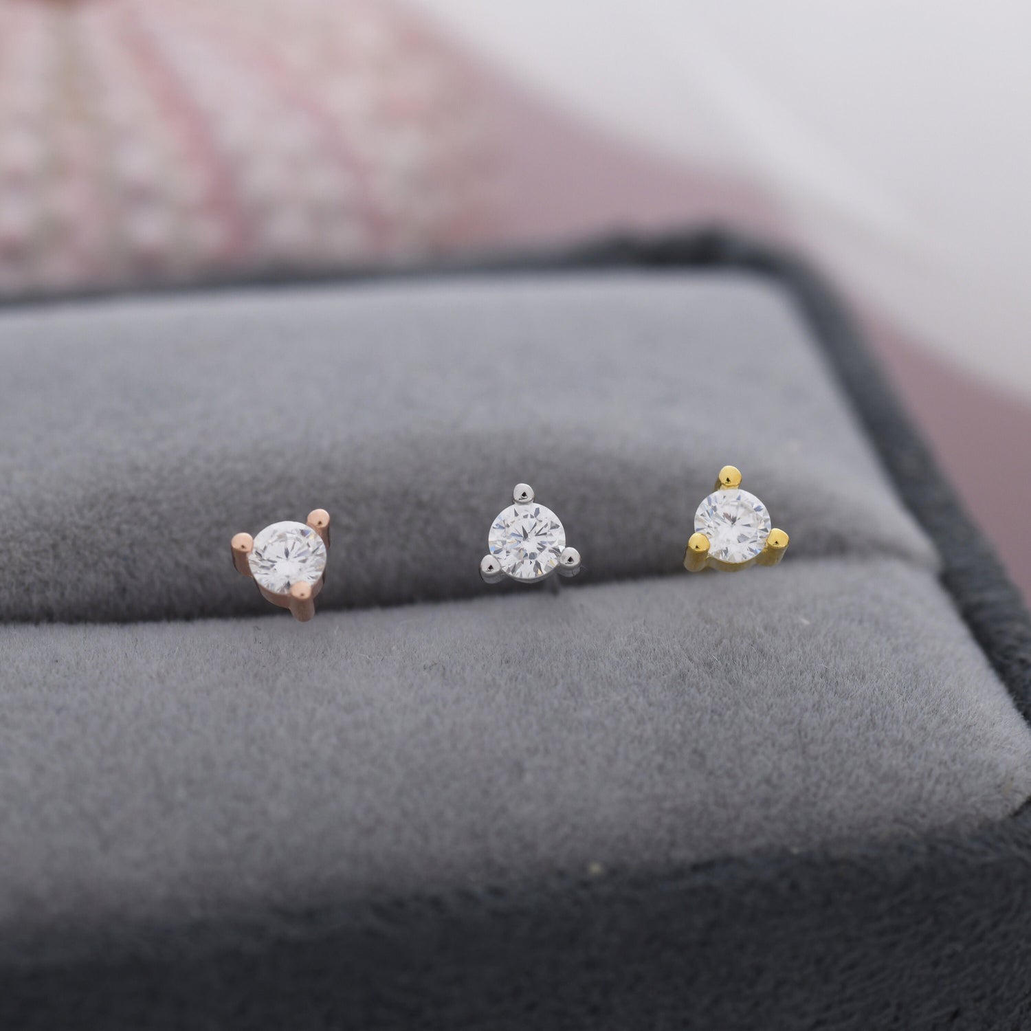 Sterling Silver Diamond CZ Stud Earrings,  3mm April Birthstone CZ Earrings, Three Prong, Silver, Gold or Rose Gold, Stacking Earrings