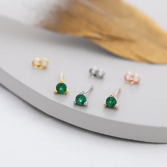 Sterling Silver Emerald Green CZ Stud Earrings,  3mm May Birthstone CZ Earrings, Three Prong, Silver, Gold or Rose Gold, Stacking Earrings