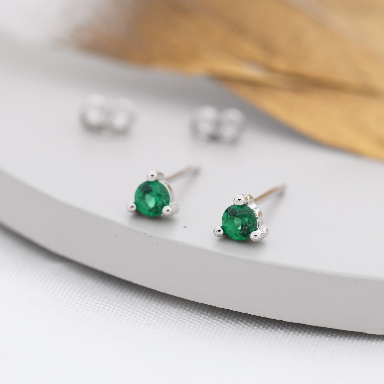 Sterling Silver Emerald Green CZ Stud Earrings,  3mm May Birthstone CZ Earrings, Three Prong, Silver, Gold or Rose Gold, Stacking Earrings