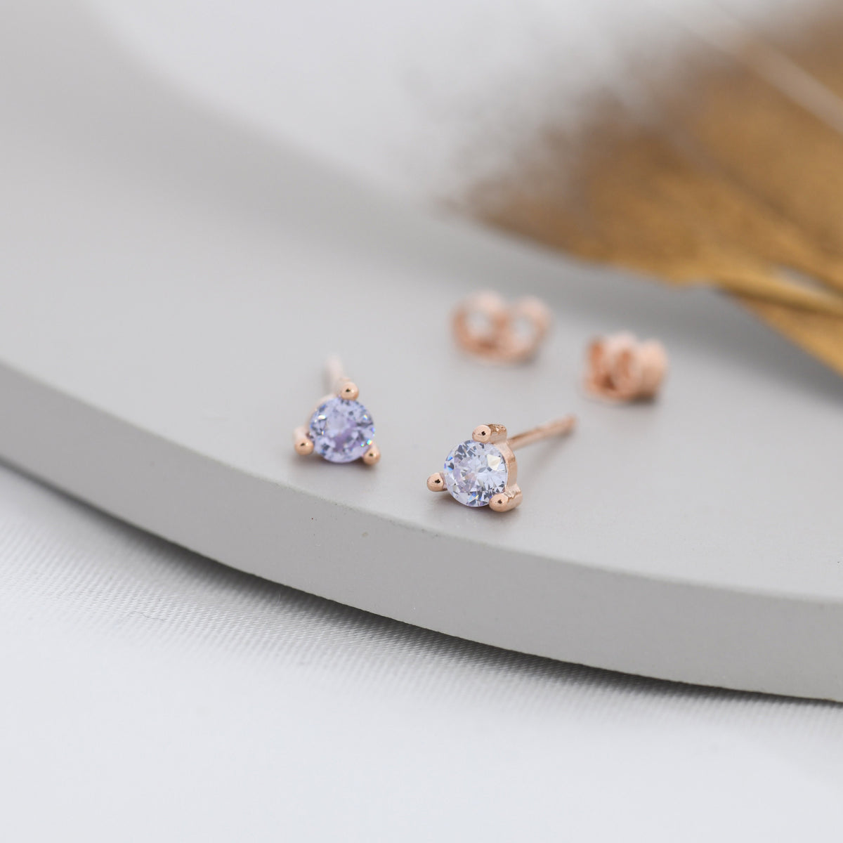 Sterling Silver Alexandrite Purple Blue CZ Stud Earrings, 3mm June Birthstone CZ Earrings, Three Prong, Silver, Gold or Rose Gold