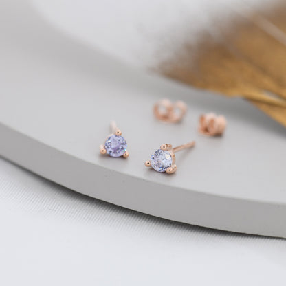 Sterling Silver Alexandrite Purple Blue CZ Stud Earrings,  3mm June Birthstone CZ Earrings, Three Prong, Silver, Gold or Rose Gold