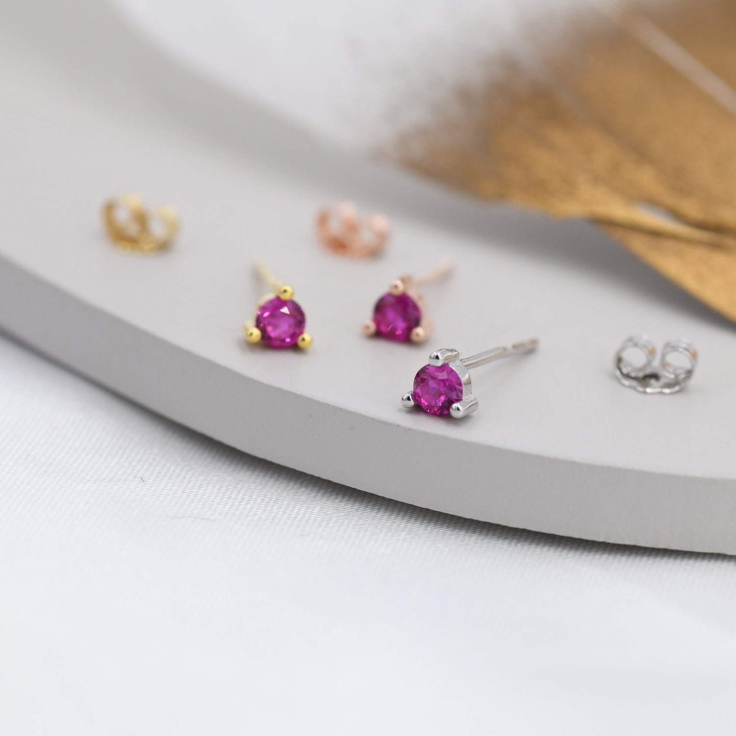 Sterling Silver Ruby Red CZ Stud Earrings, 3mm July Birthstone Pink CZ Earrings, Three Prong, Silver, Gold or Rose Gold, Stacking Earrings