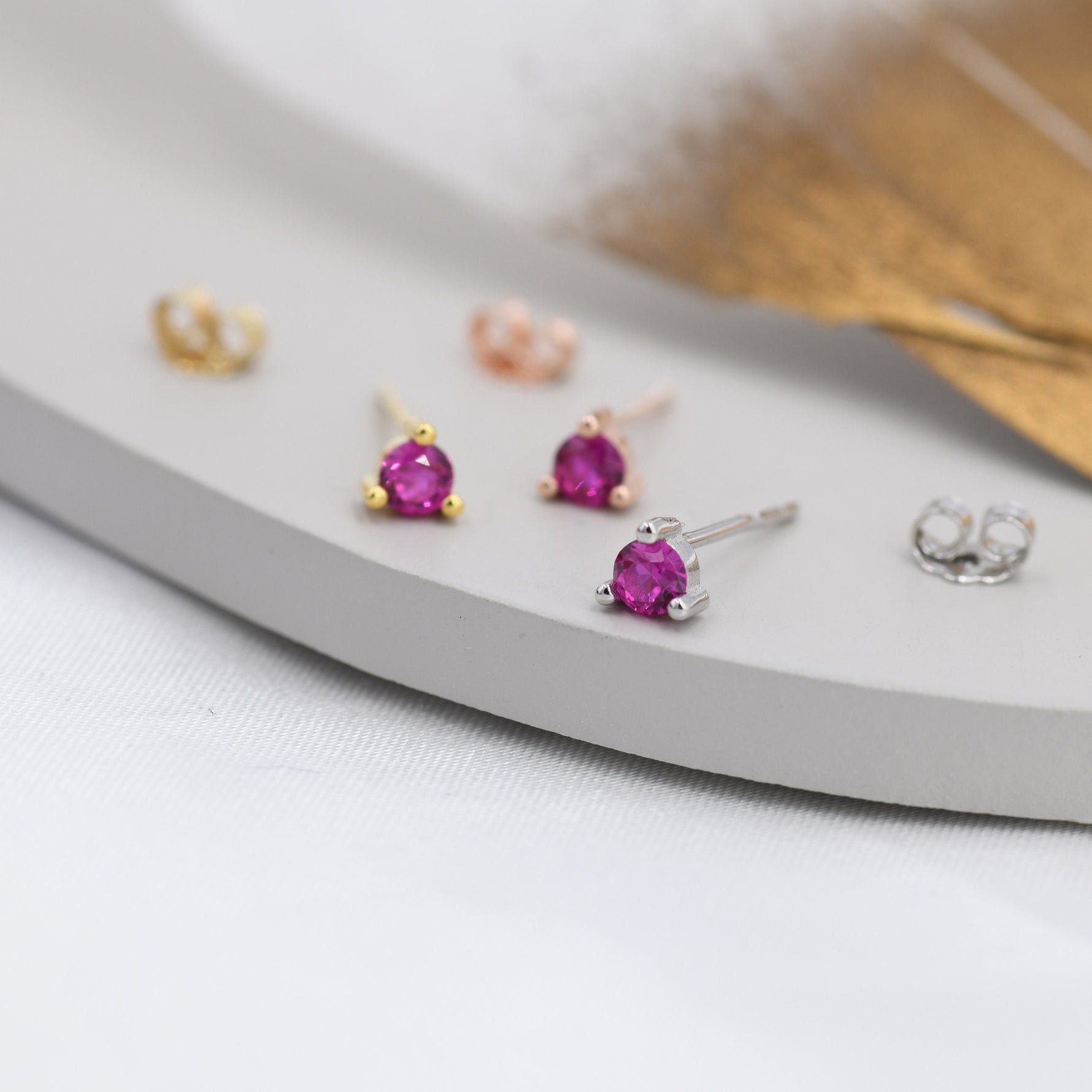 Sterling Silver Ruby Red CZ Stud Earrings, 3mm July Birthstone Pink CZ Earrings, Three Prong, Silver, Gold or Rose Gold, Stacking Earrings