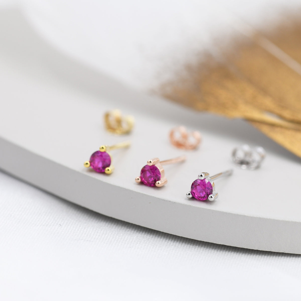 Sterling Silver Ruby Red CZ Stud Earrings, 3mm July Birthstone Pink CZ Earrings, Three Prong, Silver, Gold or Rose Gold, Stacking Earrings