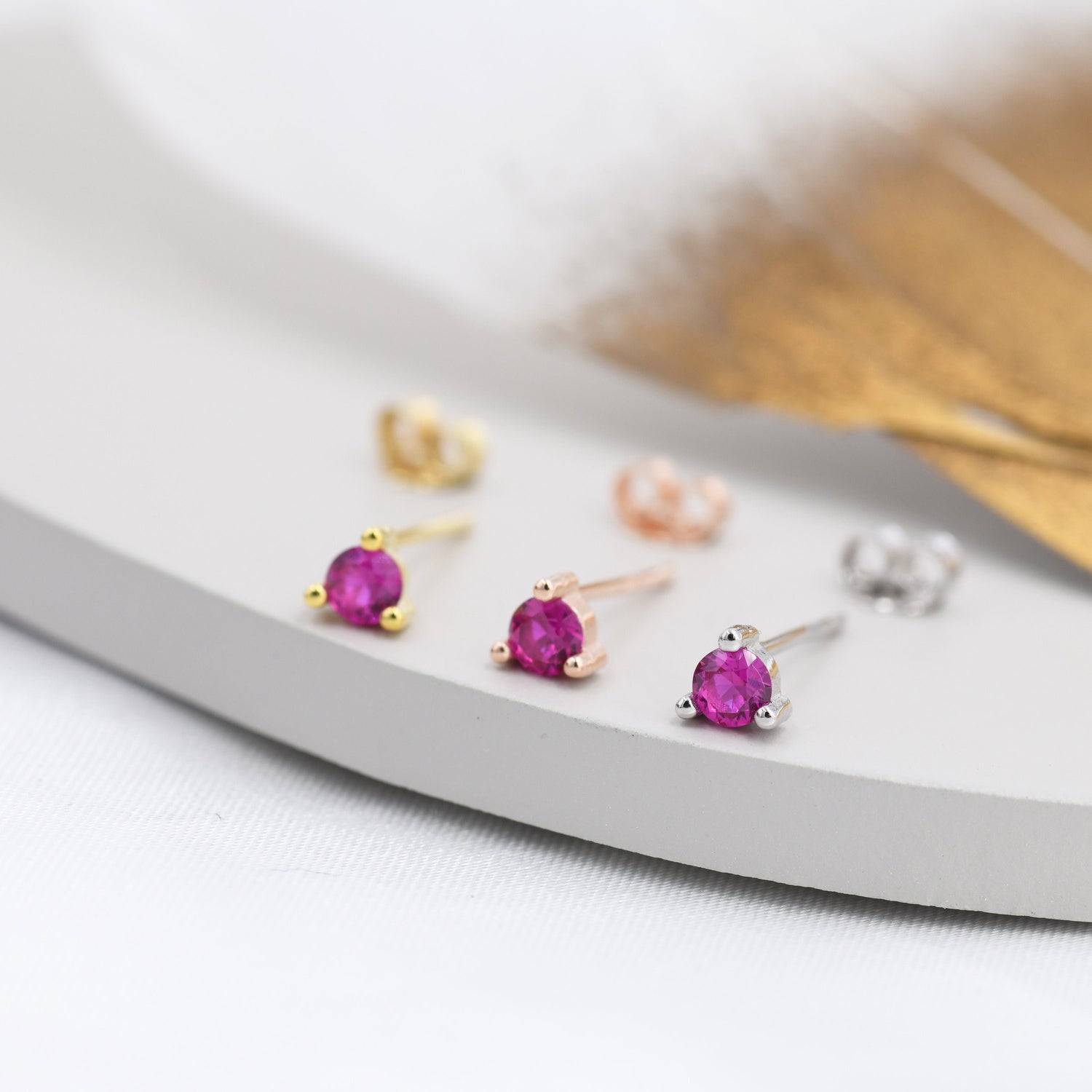 Sterling Silver Ruby Red CZ Stud Earrings, 3mm July Birthstone Pink CZ Earrings, Three Prong, Silver, Gold or Rose Gold, Stacking Earrings