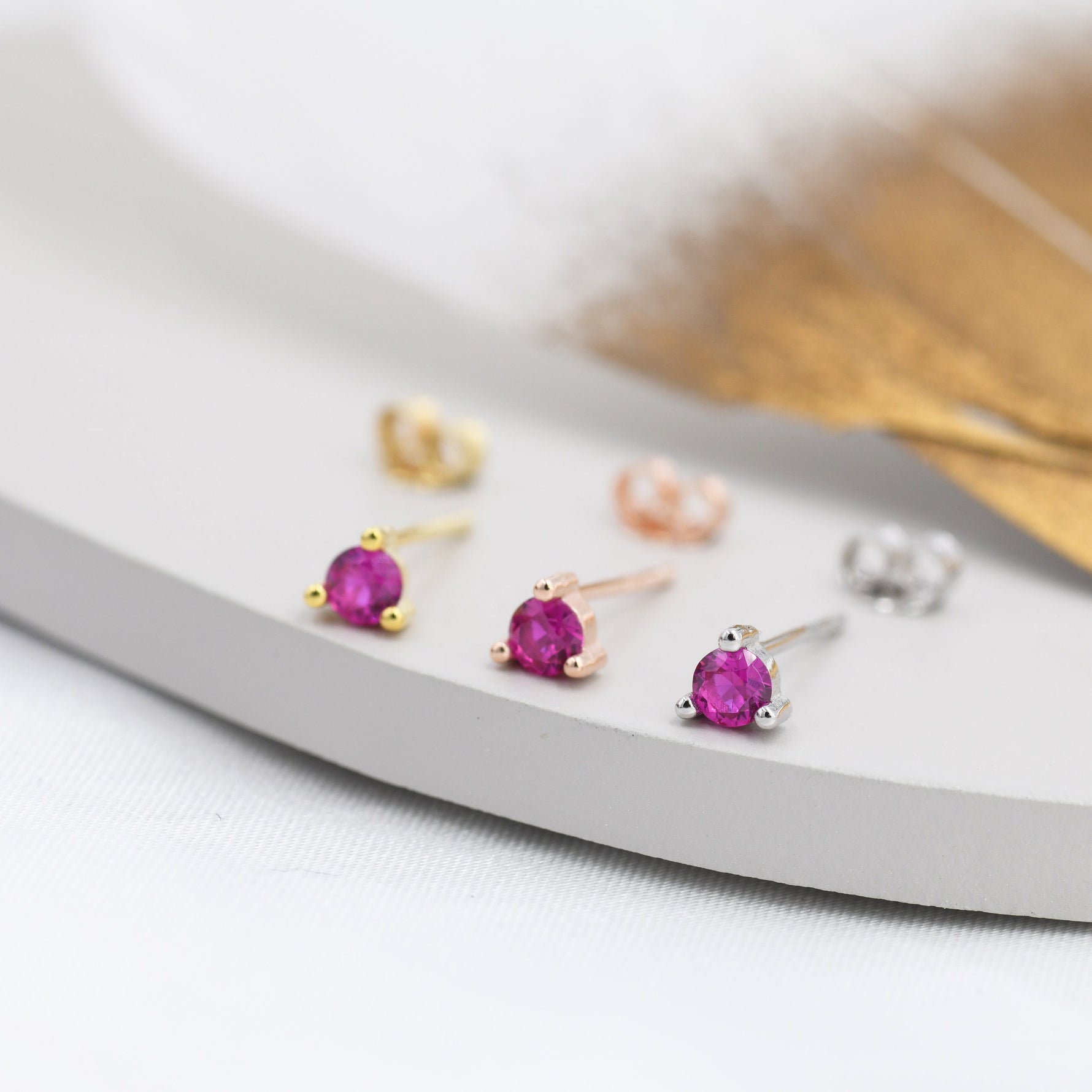 Sterling Silver Ruby Red CZ Stud Earrings, 3mm July Birthstone Pink CZ Earrings, Three Prong, Silver, Gold or Rose Gold, Stacking Earrings