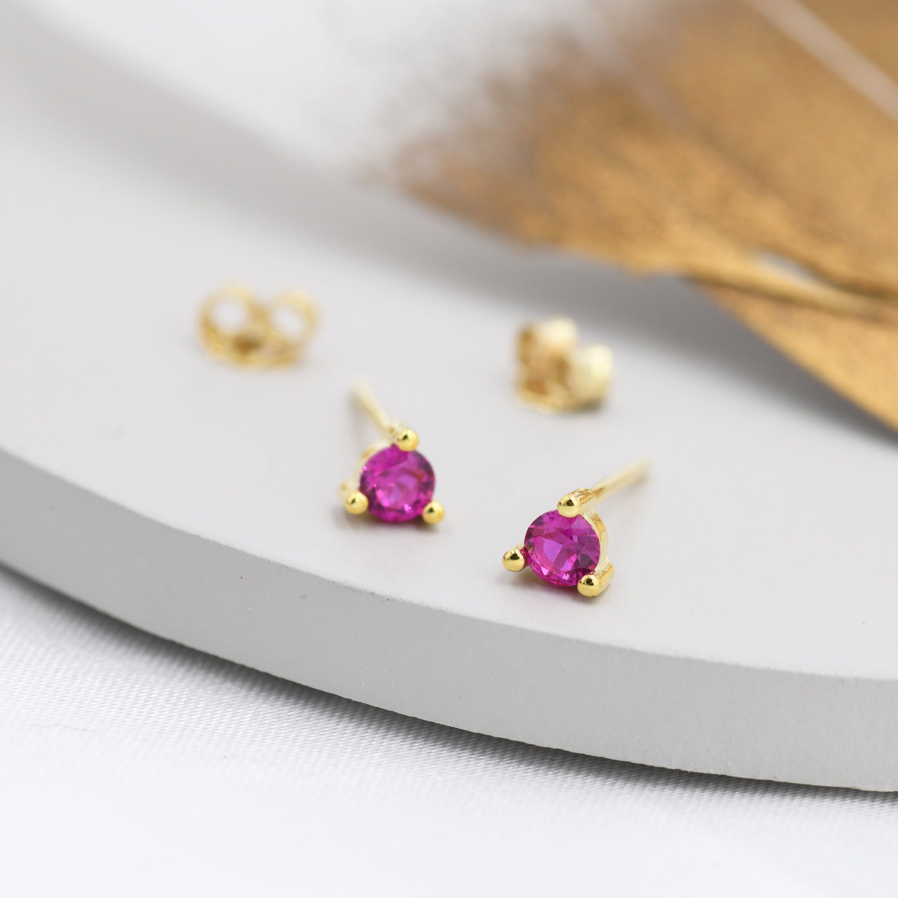 Sterling Silver Ruby Red CZ Stud Earrings, 3mm July Birthstone Pink CZ Earrings, Three Prong, Silver, Gold or Rose Gold, Stacking Earrings