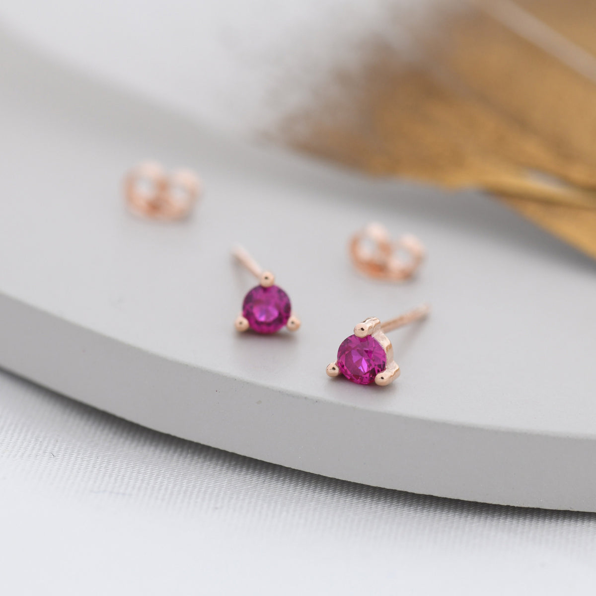 Sterling Silver Ruby Red CZ Stud Earrings, 3mm July Birthstone Pink CZ Earrings, Three Prong, Silver, Gold or Rose Gold, Stacking Earrings