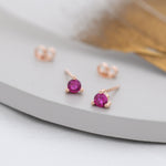 Sterling Silver Ruby Red CZ Stud Earrings, 3mm July Birthstone Pink CZ Earrings, Three Prong, Silver, Gold or Rose Gold, Stacking Earrings